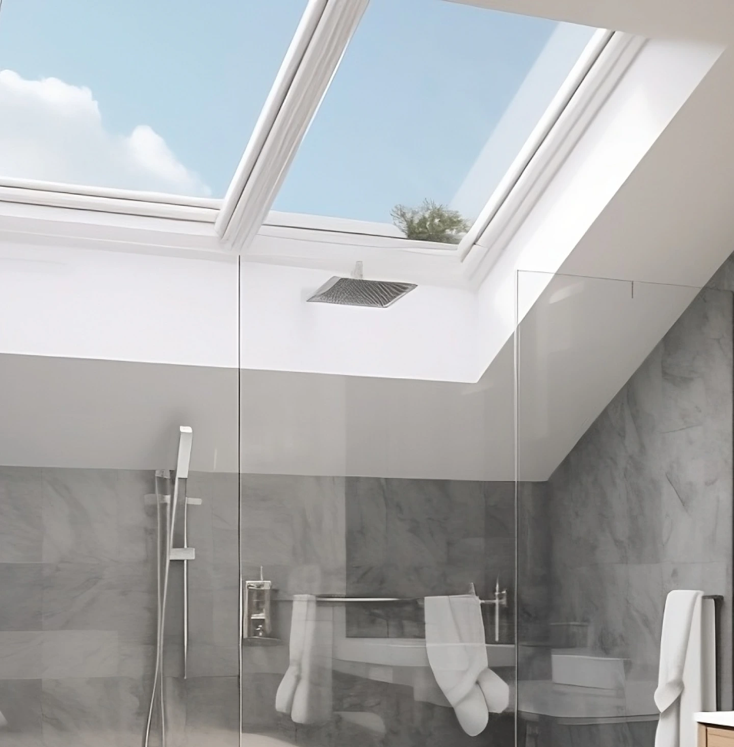 Large glass shower with full-ceiling skylight letting in light from above.