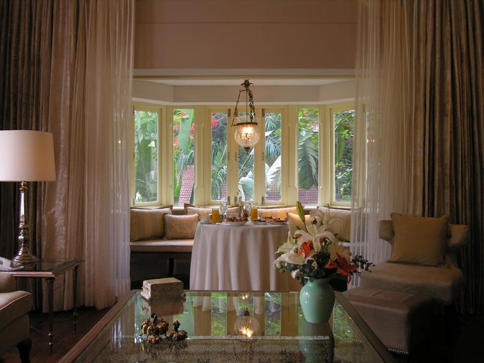 Floor-to-ceiling dimensional drapes at the Taj West End Hotel.