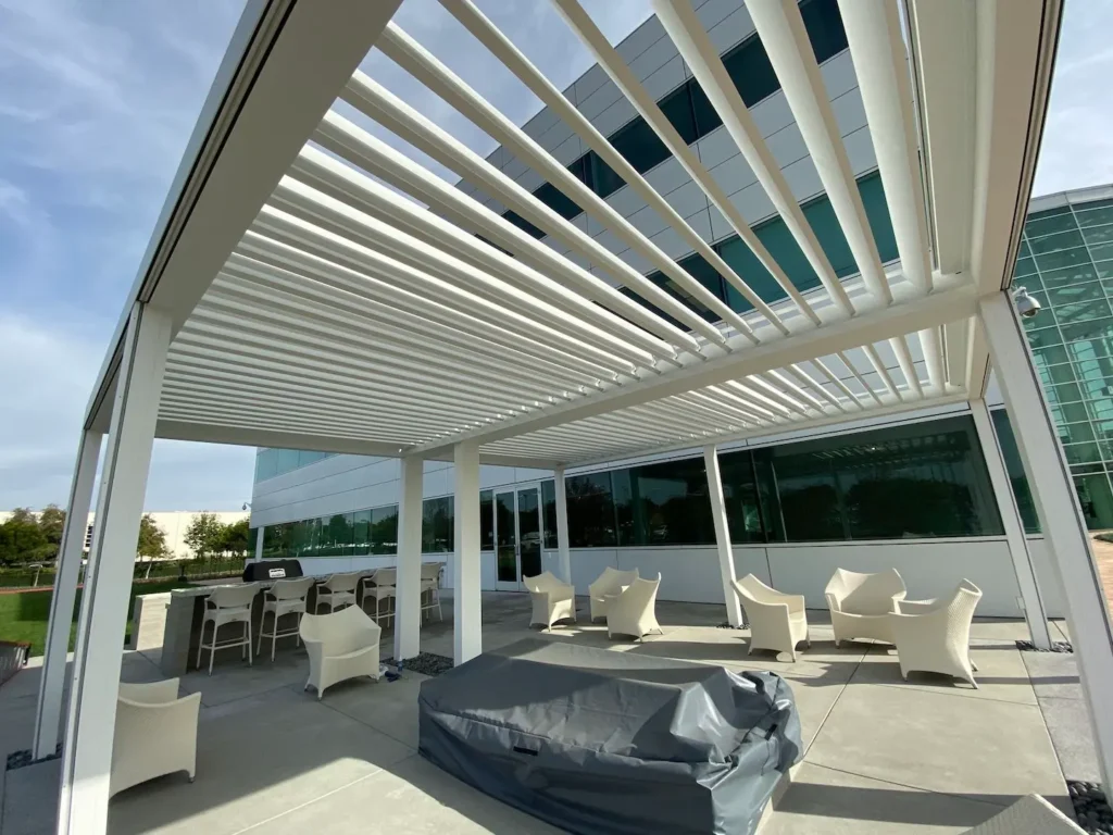 Louvered roof system installed over a patio at an office building in Los Angeles.
